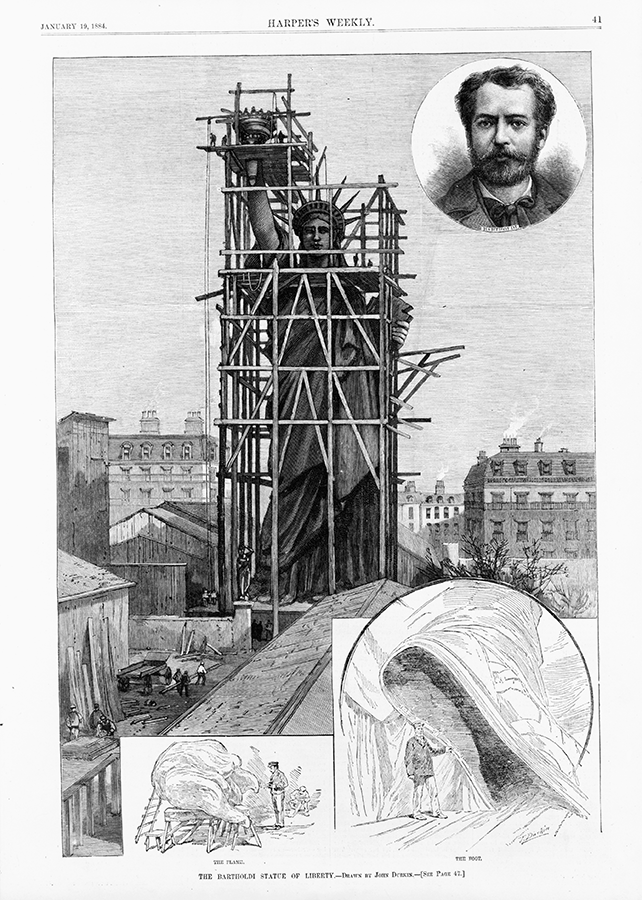 Construction of the Statue of Liberty, showing the statue in sca􀃗olding, man with the 􀃓ame, man with the
foot, and head-and-shoulders portrait of Frederic Bartholdi.